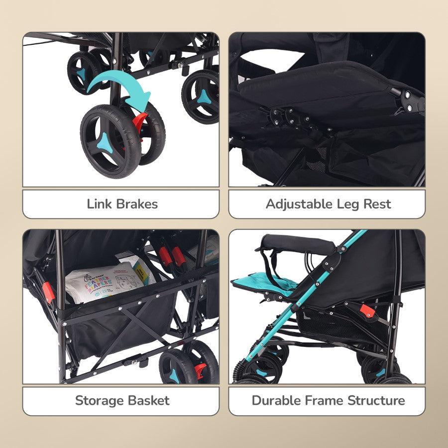 Ginny and Johnny Stroller Compact Fold, Dual Basket, Multi-Position Recline Seat, Rear Brake - Blue Black