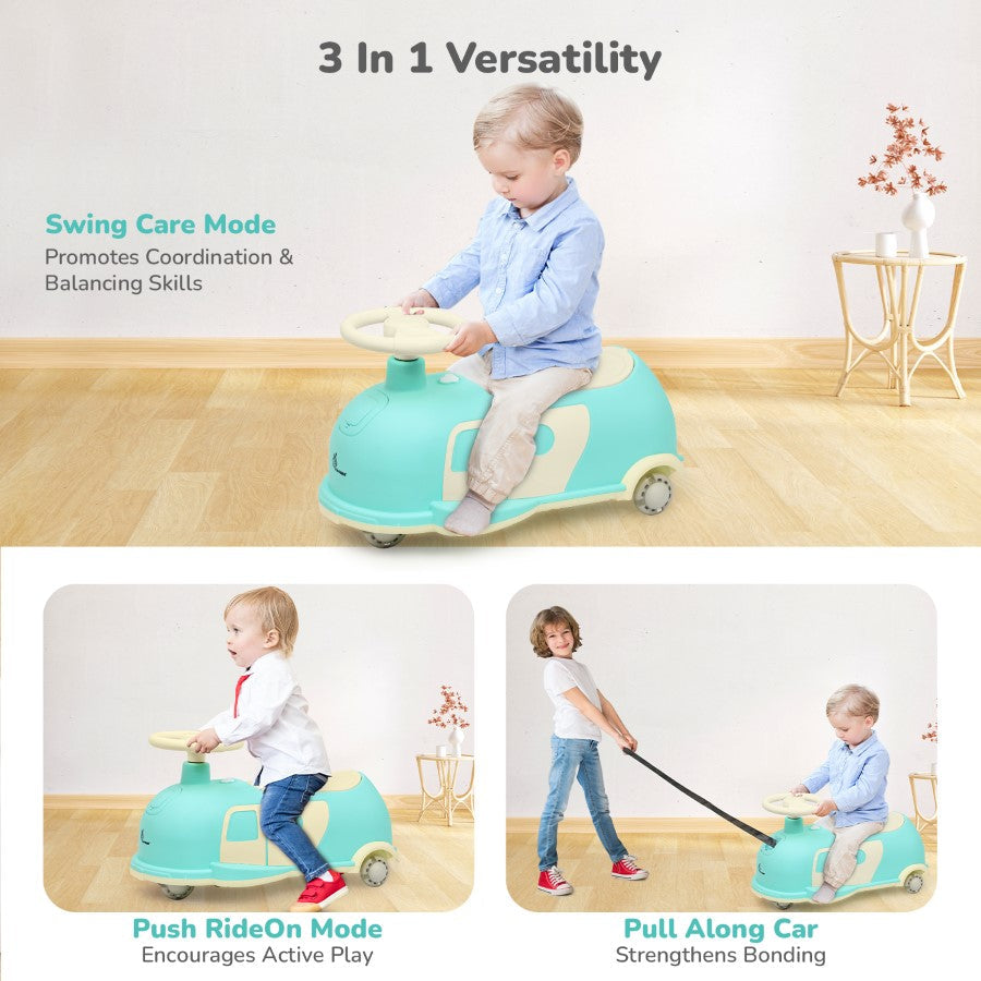 Iya Iya Caravan Swing car – 3-in-1 Multipurpose Ride-On with PU LED Wheels - Green Beige