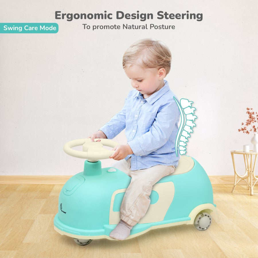 Iya Iya Caravan Swing car – 3-in-1 Multipurpose Ride-On with PU LED Wheels - Green Beige