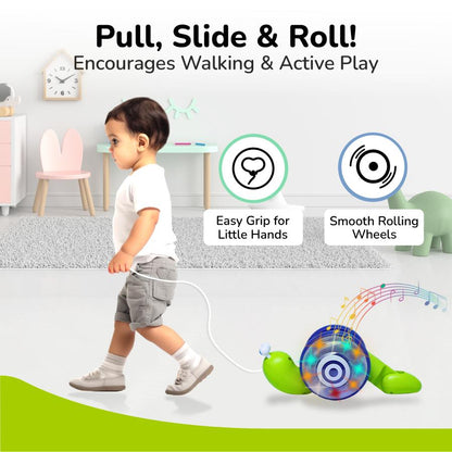 Orapple Snail Tune BPA-Free Musical Pull Toy for Kids with Lights & Music - Green Blue