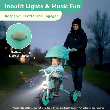 Tiny Toes Karizma - Luxury 3-in-1 Smart Tricycle for Kids 2 to 5 Years with Music & Canopy - Green Cream