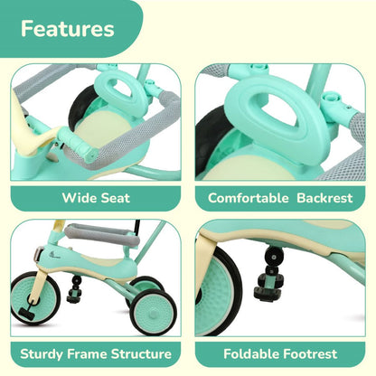 Tiny Toes Karizma - Luxury 3-in-1 Smart Tricycle for Kids 2 to 5 Years with Music & Canopy - Green Cream