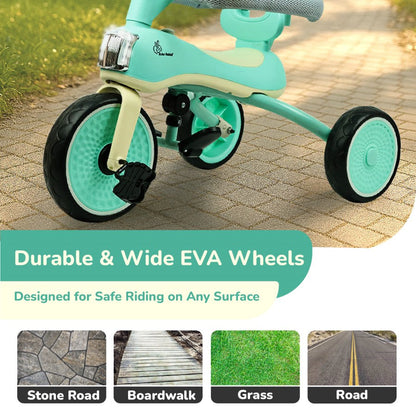 Tiny Toes Karizma - Luxury 3-in-1 Smart Tricycle for Kids 2 to 5 Years with Music & Canopy - Green Cream