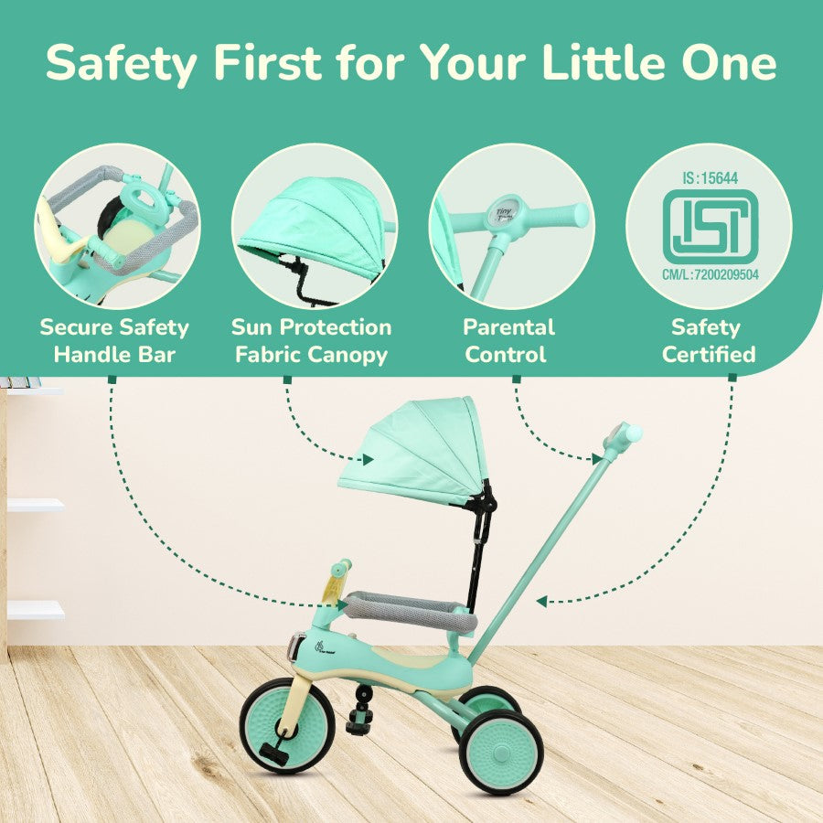 Tiny Toes Karizma - Luxury 3-in-1 Smart Tricycle for Kids 2 to 5 Years with Music & Canopy - Green Cream