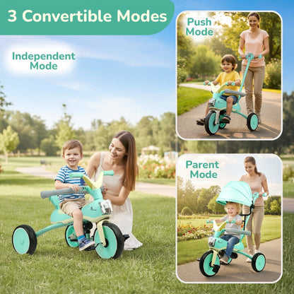 Tiny Toes Karizma - Luxury 3-in-1 Smart Tricycle for Kids 2 to 5 Years with Music & Canopy - Green Cream