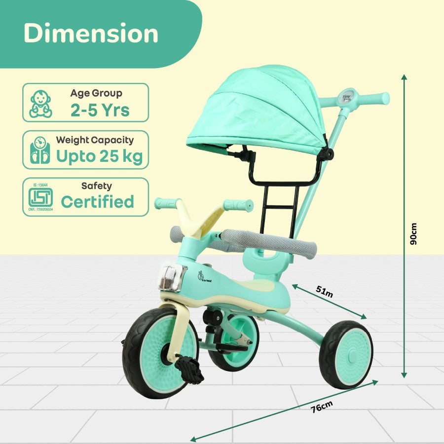 Tiny Toes Karizma - Luxury 3-in-1 Smart Tricycle for Kids 2 to 5 Years with Music & Canopy - Green Cream