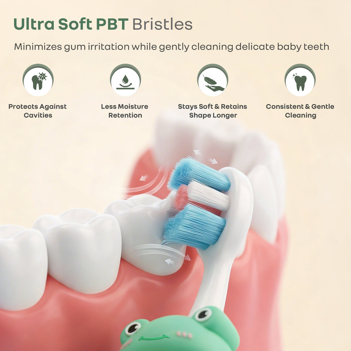 Tiny Smiles Zoobie Kids Toothbrush for 2+ Years, Ultra-Soft PBT Bristles, Self-Standing Animal Design Brush - Green Froggy