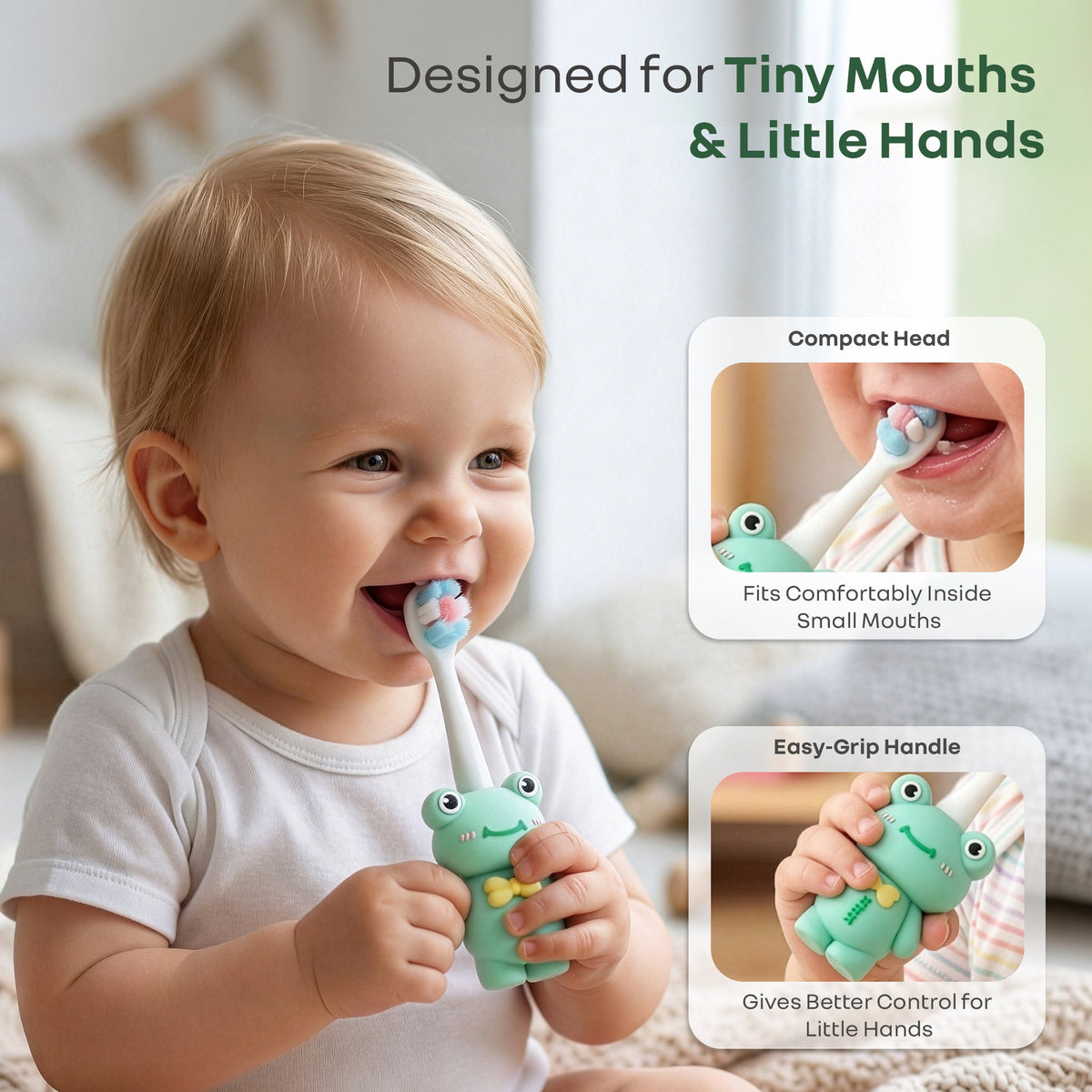 Tiny Smiles Zoobie Kids Toothbrush for 2+ Years, Ultra-Soft PBT Bristles, Self-Standing Animal Design Brush - Green Froggy