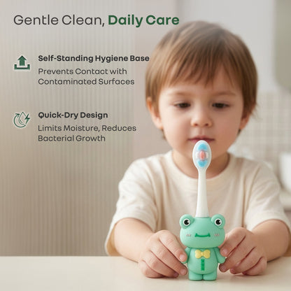 Tiny Smiles Zoobie Kids Toothbrush for 2+ Years, Ultra-Soft PBT Bristles, Self-Standing Animal Design Brush - Green Froggy
