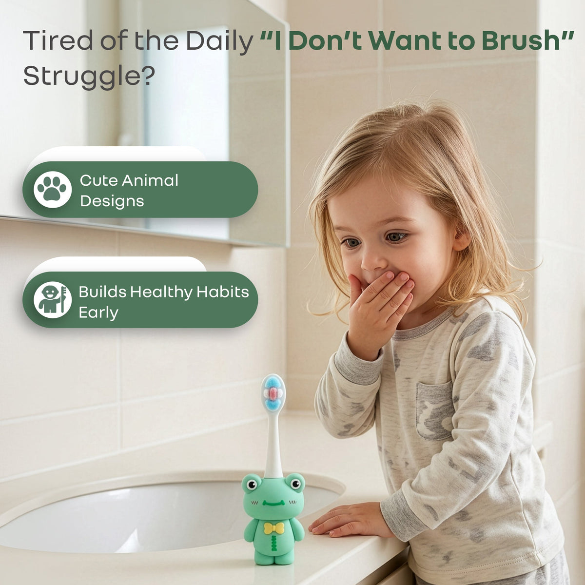 Tiny Smiles Zoobie Kids Toothbrush for 2+ Years, Ultra-Soft PBT Bristles, Self-Standing Animal Design Brush - Green Froggy