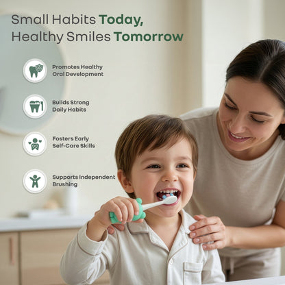 Tiny Smiles Zoobie Kids Toothbrush for 2+ Years, Ultra-Soft PBT Bristles, Self-Standing Animal Design Brush - Green Froggy
