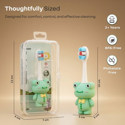 Tiny Smiles Zoobie Kids Toothbrush for 2+ Years, Ultra-Soft PBT Bristles, Self-Standing Animal Design Brush - Green Froggy