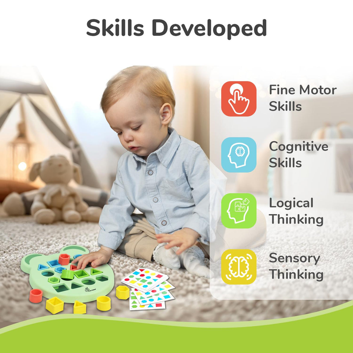 Orapple Match N Learn Baby Educational Toy with BIS Certified Shape Sorter for Baby Fine Motor Skills & Brain Development - Green Multi