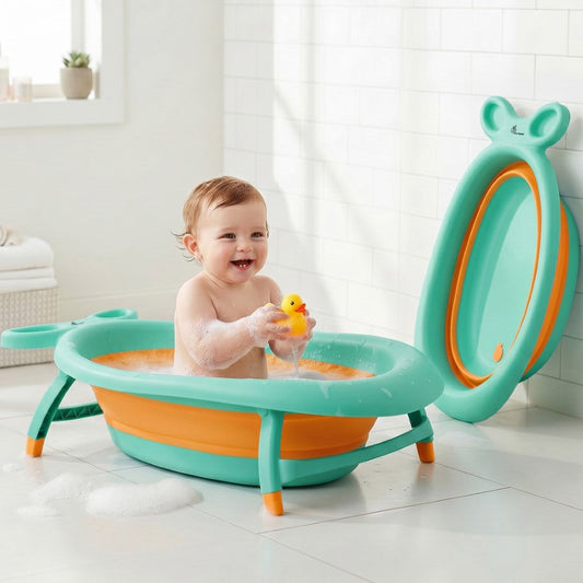 Bubble Double Finzy Baby Bathtub 9-36 Months, Foldable Cocoon Design, Anti-Skid Base & Drain Plug - Green Orange