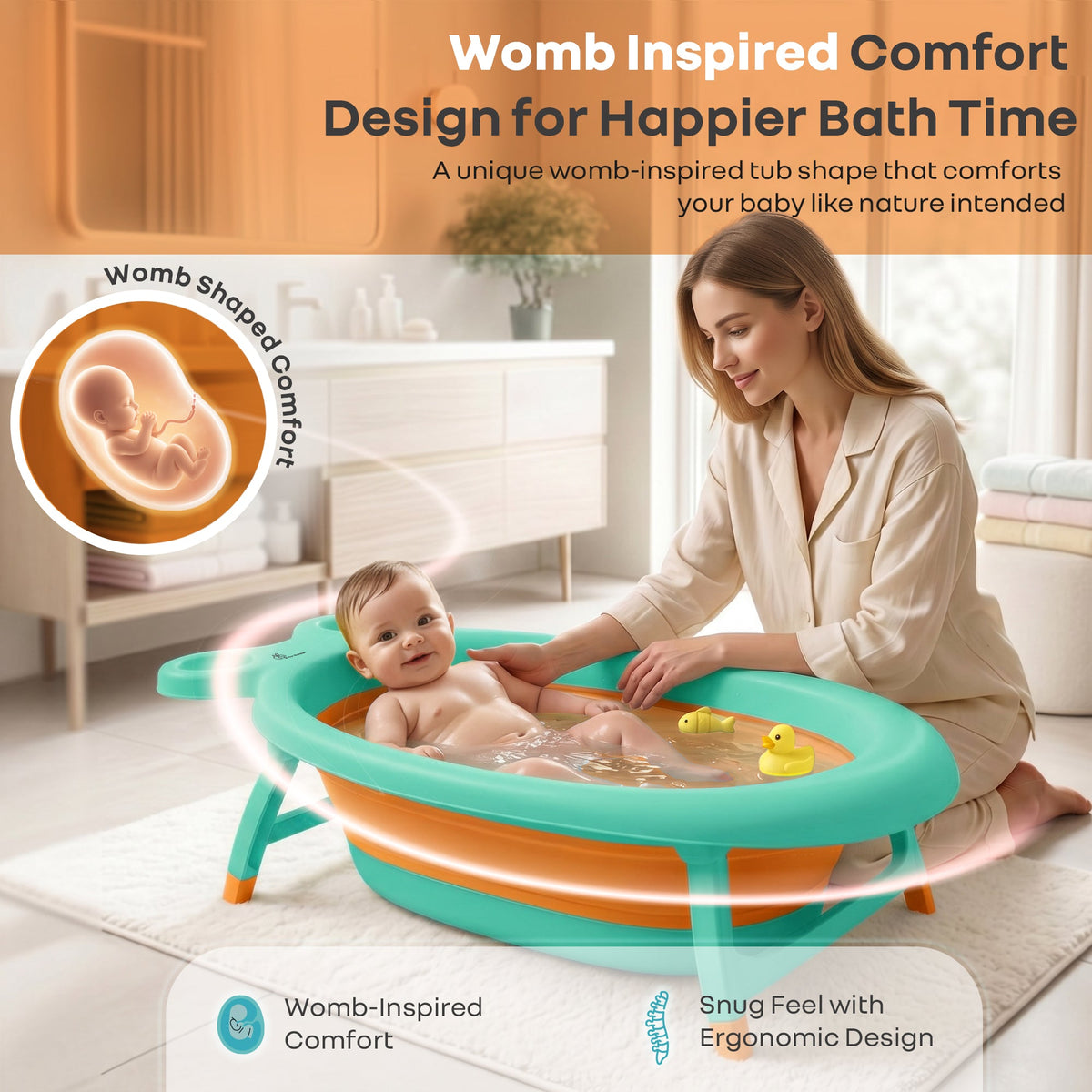 Bubble Double Finzy Baby Bathtub 9-36 Months, Foldable Cocoon Design, Anti-Skid Base & Drain Plug - Green Orange