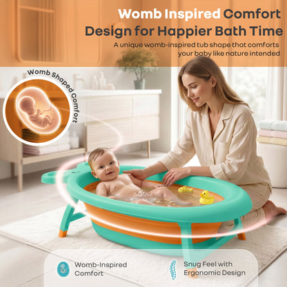 Bubble Double Finzy Baby Bathtub 9-36 Months, Foldable Cocoon Design, Anti-Skid Base & Drain Plug - Green Orange