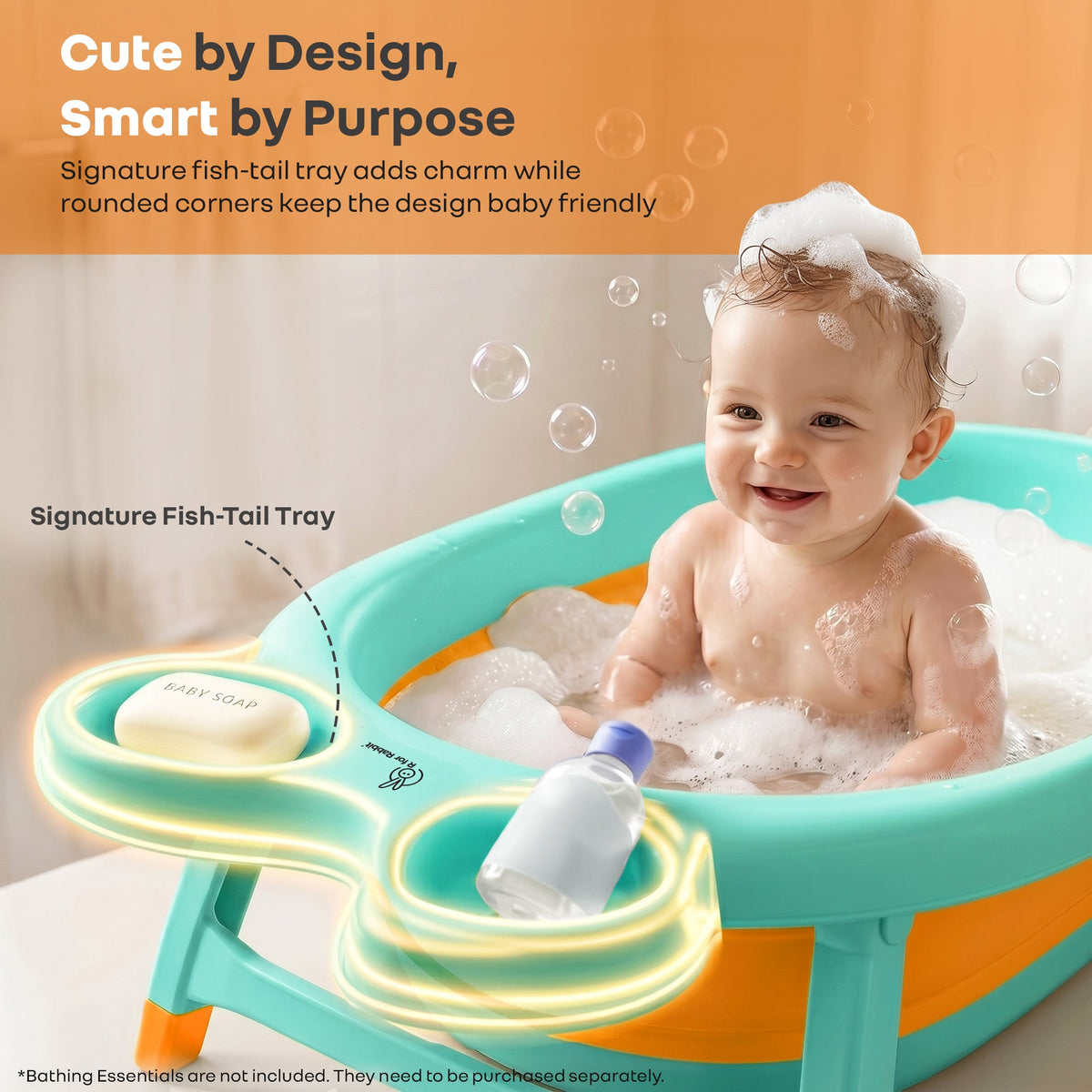 Bubble Double Finzy Baby Bathtub 9-36 Months, Foldable Cocoon Design, Anti-Skid Base & Drain Plug - Green Orange