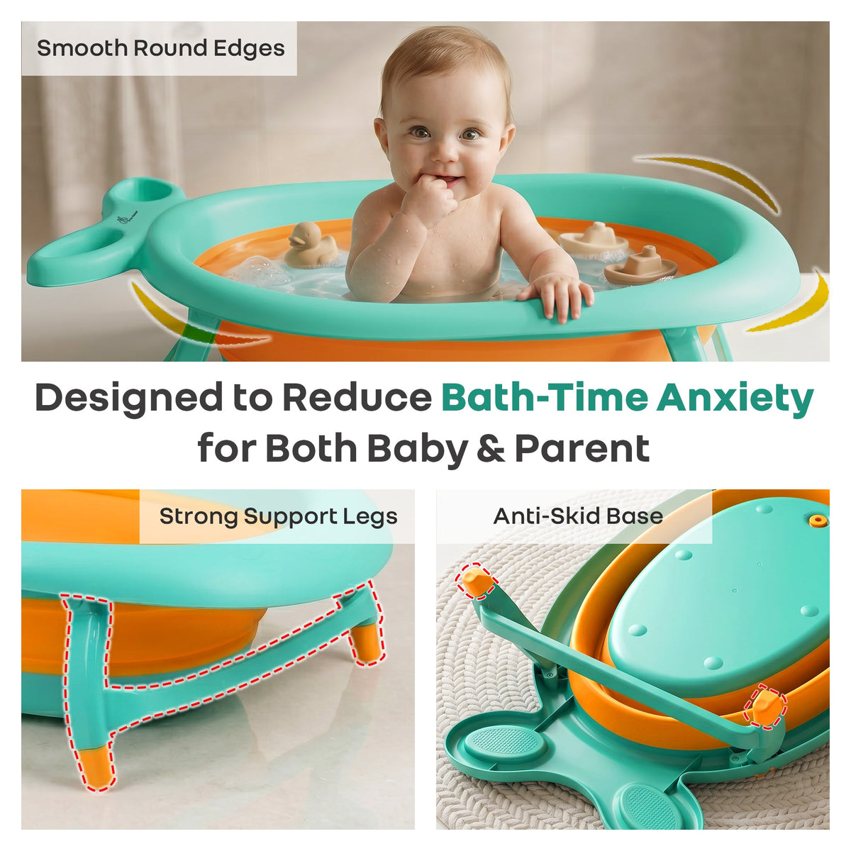 Bubble Double Finzy Baby Bathtub 9-36 Months, Foldable Cocoon Design, Anti-Skid Base & Drain Plug - Green Orange