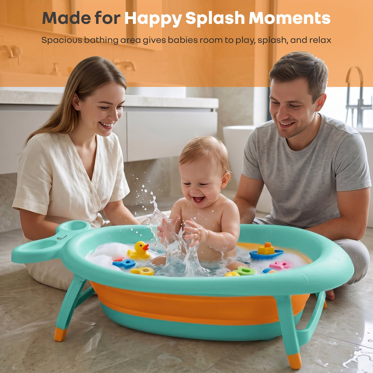 Bubble Double Finzy Baby Bathtub 9-36 Months, Foldable Cocoon Design, Anti-Skid Base & Drain Plug - Green Orange