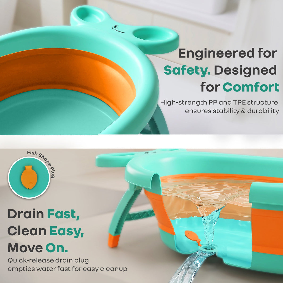 Bubble Double Finzy Baby Bathtub 9-36 Months, Foldable Cocoon Design, Anti-Skid Base & Drain Plug - Green Orange