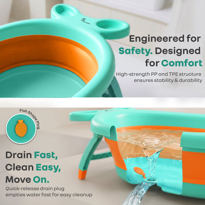 Bubble Double Finzy Baby Bathtub 9-36 Months, Foldable Cocoon Design, Anti-Skid Base & Drain Plug - Green Orange