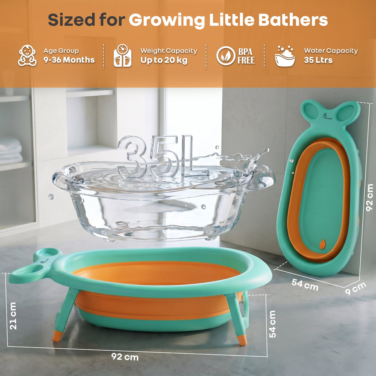 Bubble Double Finzy Baby Bathtub 9-36 Months, Foldable Cocoon Design, Anti-Skid Base & Drain Plug - Green Orange