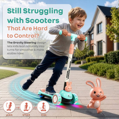 Road Runner Bunny Scooter For Kids With PU LED Wheels - Green Peach