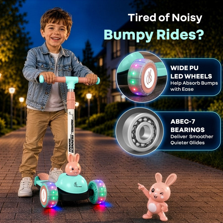 Road Runner Bunny Scooter For Kids With PU LED Wheels - Green Peach