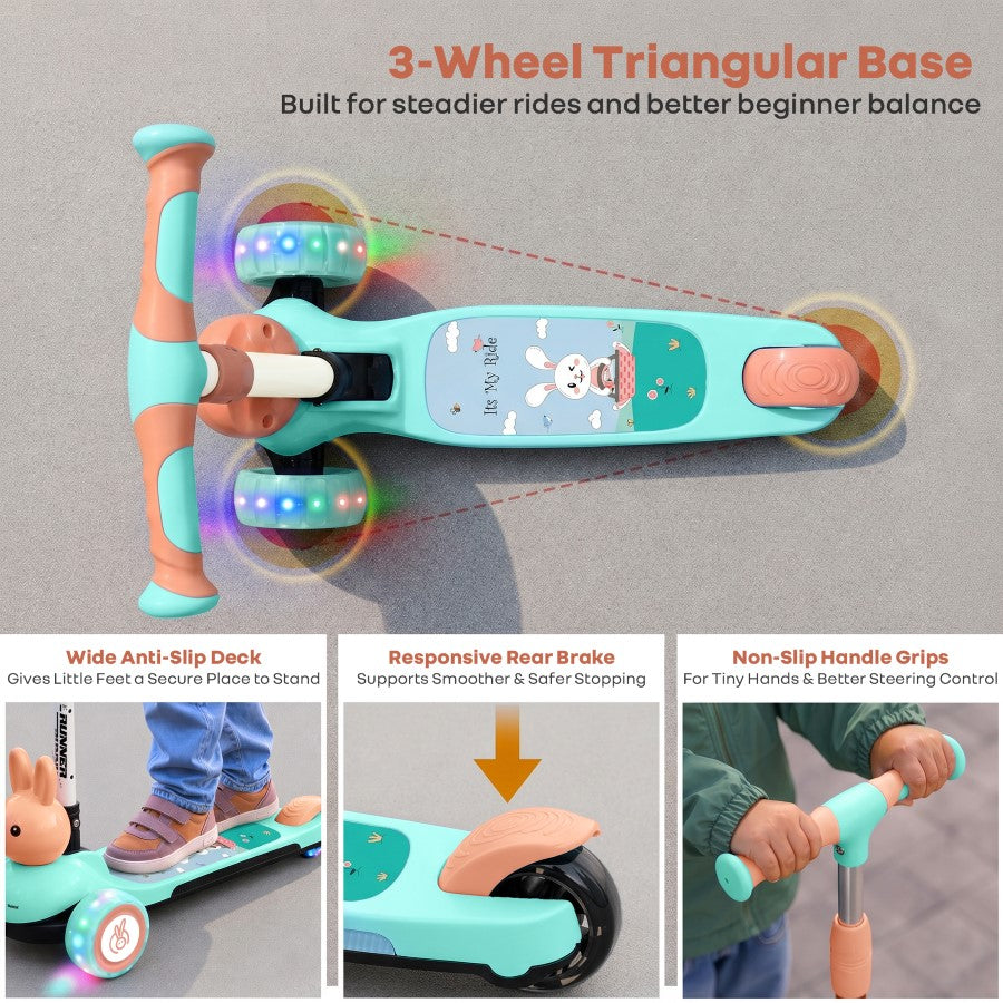 Road Runner Bunny Scooter For Kids With PU LED Wheels - Green Peach