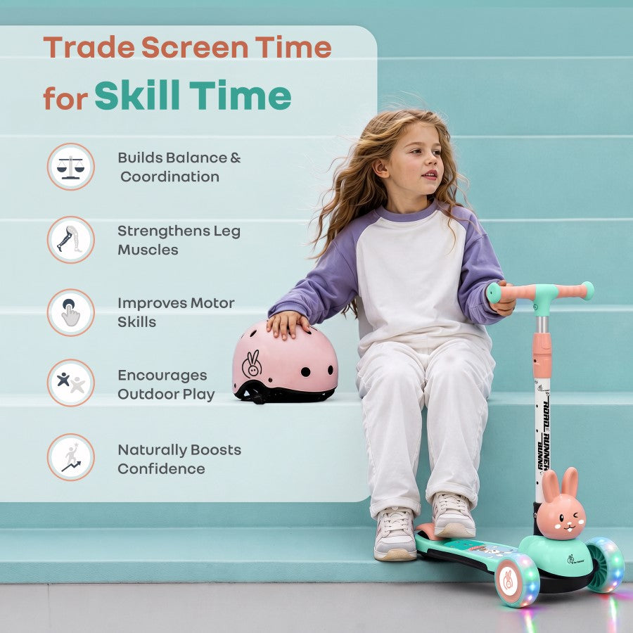 Road Runner Bunny Scooter For Kids With PU LED Wheels - Green Peach