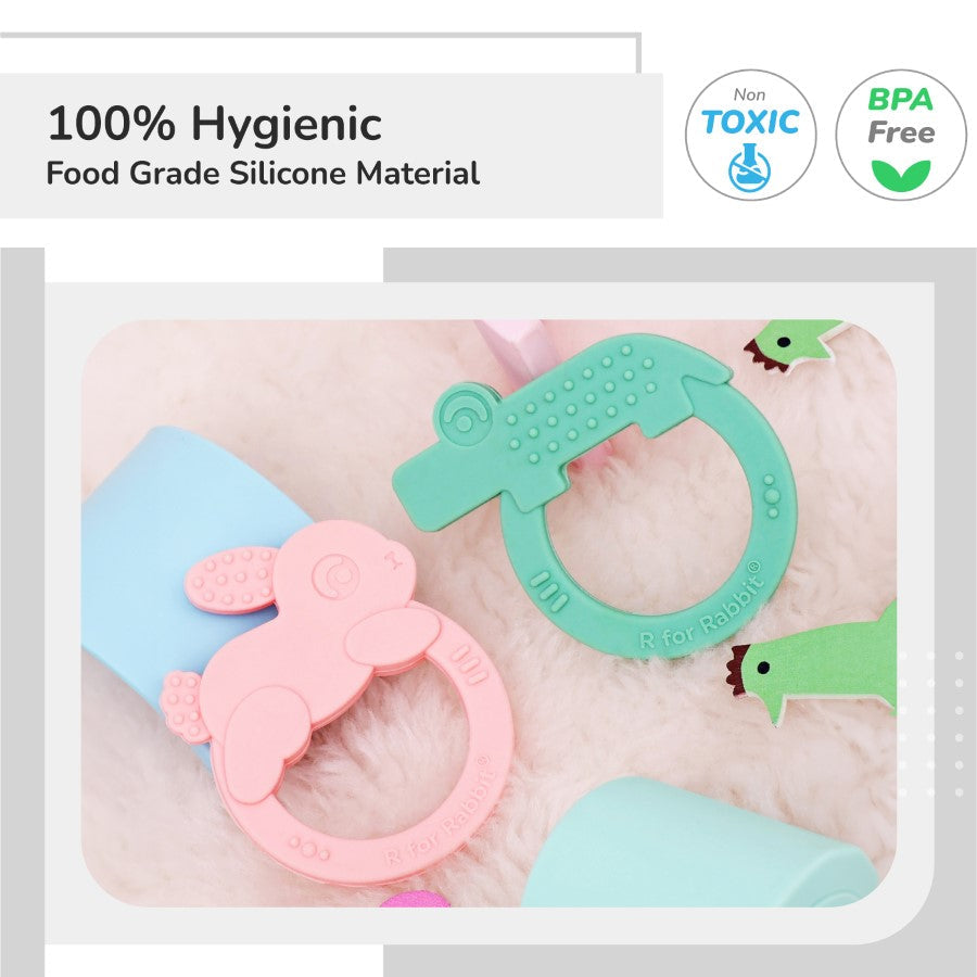 Tiny Bites Zoobie Baby Silicone Teethers Pack of 2 Elephant and Rabbit, Crocodile and Rabbit - Green-Pink