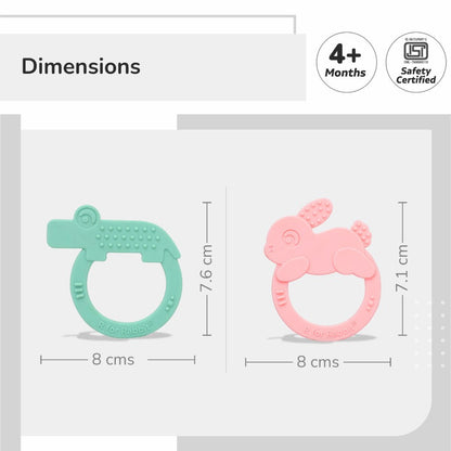 Tiny Bites Zoobie Baby Silicone Teethers Pack of 2 Elephant and Rabbit, Crocodile and Rabbit - Green-Pink
