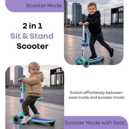 Road Runner Stellar Duo 2 in 1 Kick Scooter with Attachable Seat - Gravity Steering & Lean-to-Steer - Wide Wheelbase - Anti-Slip Footrest - ABEC 7 Bearings - BIS Certified - Age 3+ Years - Green Purple