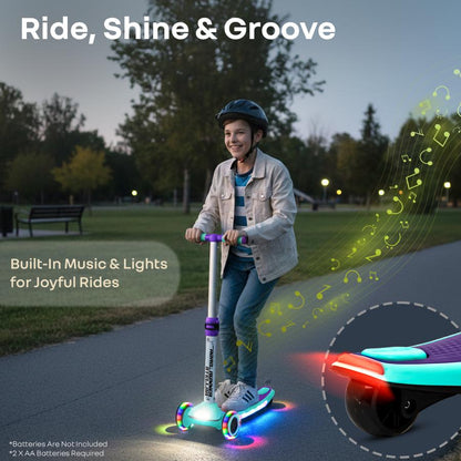 Road Runner Stellar - LED Scooter for Kids with Bluetooth Music, Adjustable Height & Smooth Ride - Green Purple