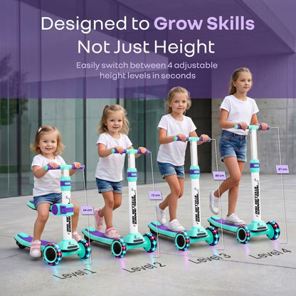 Road Runner Stellar Duo 2 in 1 Kick Scooter with Attachable Seat - Gravity Steering & Lean-to-Steer - Wide Wheelbase - Anti-Slip Footrest - ABEC 7 Bearings - BIS Certified - Age 3+ Years - Green Purple