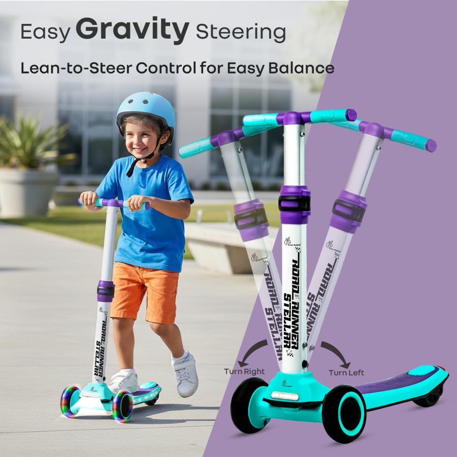 Road Runner Stellar - LED Scooter for Kids with Bluetooth Music, Adjustable Height & Smooth Ride - Green Purple