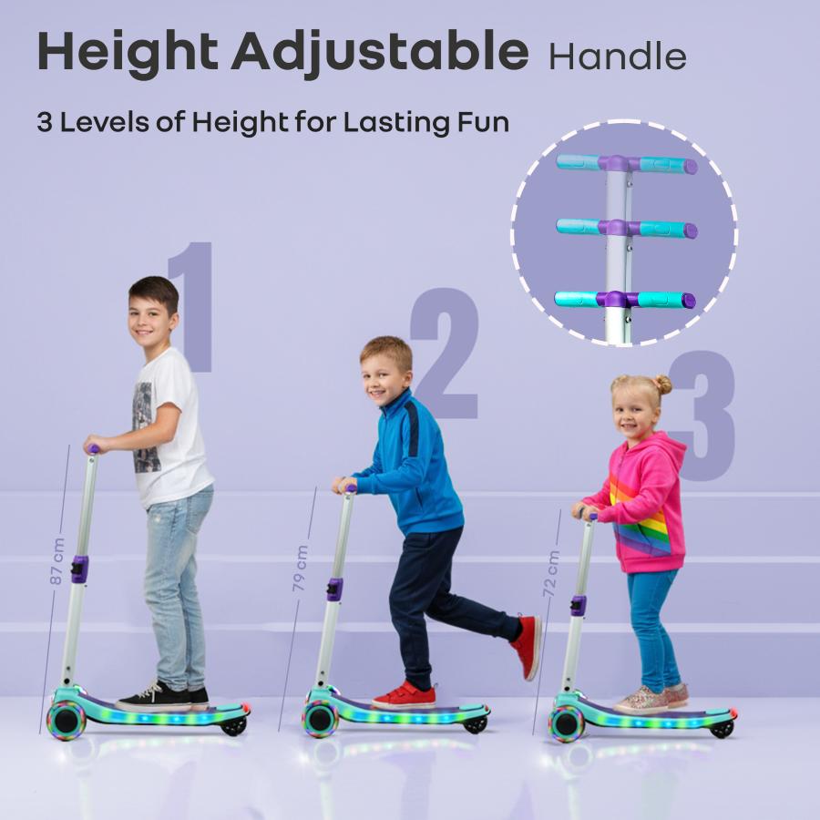 Road Runner Stellar - LED Scooter for Kids with Bluetooth Music, Adjustable Height & Smooth Ride - Green Purple