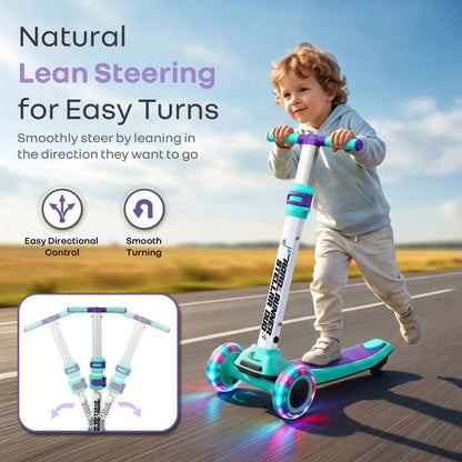 Road Runner Stellar Duo 2 in 1 Kick Scooter with Attachable Seat - Gravity Steering & Lean-to-Steer - Wide Wheelbase - Anti-Slip Footrest - ABEC 7 Bearings - BIS Certified - Age 3+ Years - Green Purple