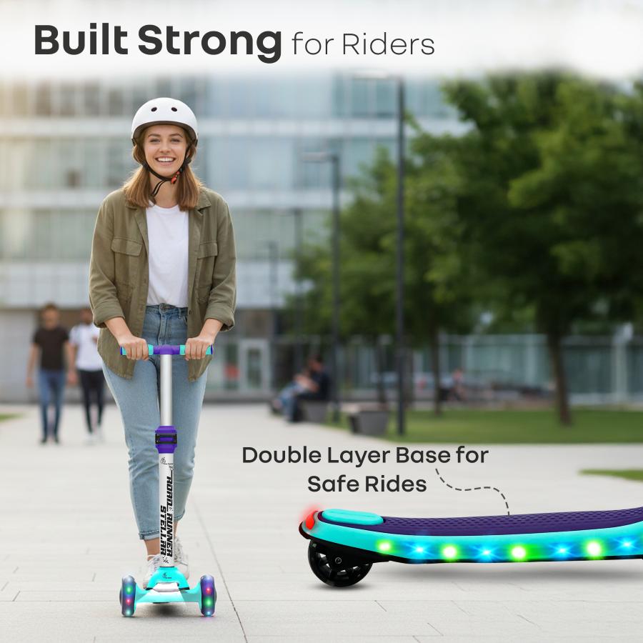 Road Runner Stellar - LED Scooter for Kids with Bluetooth Music, Adjustable Height & Smooth Ride - Green Purple