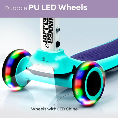 Road Runner Stellar - LED Scooter for Kids with Bluetooth Music, Adjustable Height & Smooth Ride - Green Purple