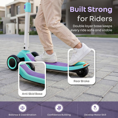 Road Runner Stellar Duo 2 in 1 Kick Scooter with Attachable Seat - Gravity Steering & Lean-to-Steer - Wide Wheelbase - Anti-Slip Footrest - ABEC 7 Bearings - BIS Certified - Age 3+ Years - Green Purple