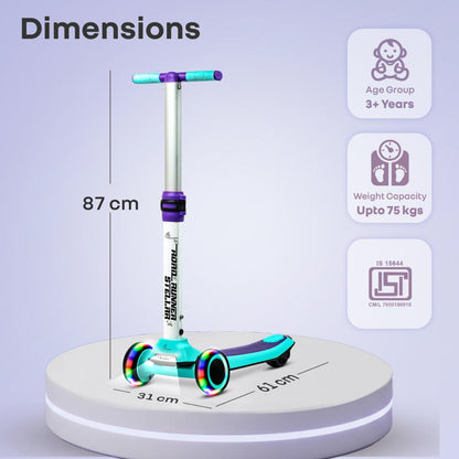 Road Runner Stellar - LED Scooter for Kids with Bluetooth Music, Adjustable Height & Smooth Ride - Green Purple