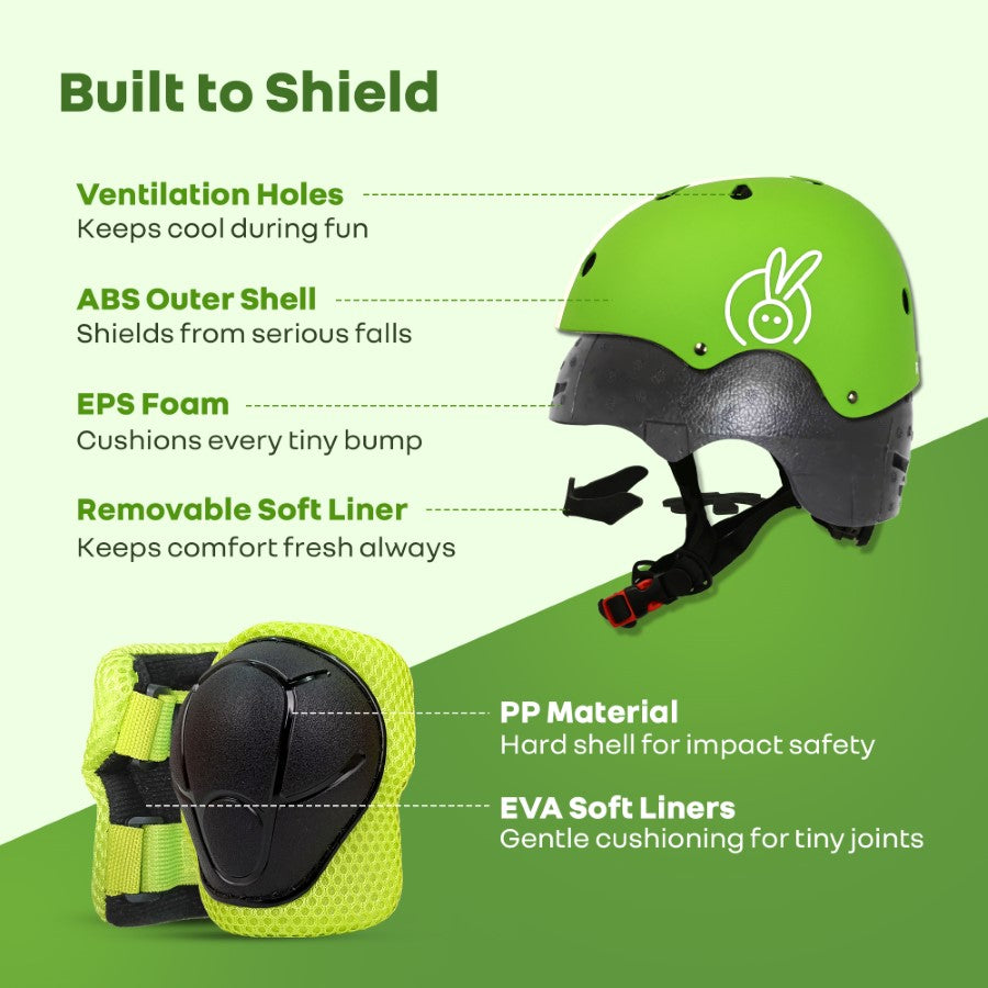 Safe Play Protective Gear Set for Kids - Helmet, Knee, Elbow & Wrist Pads (Age 3-7 Years) - Green Sports