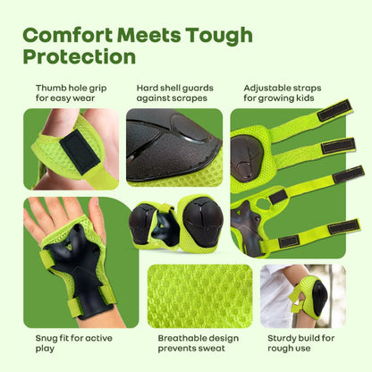 Safe Play Protective Gear Set for Kids - Helmet, Knee, Elbow & Wrist Pads (Age 3-7 Years) - Green Sports