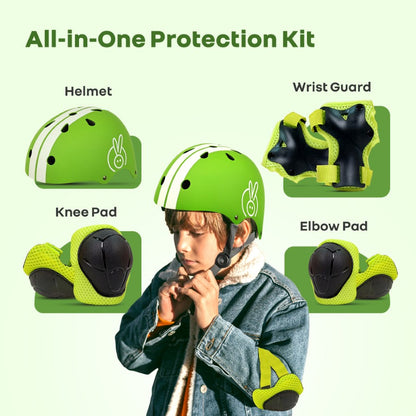 Safe Play Protective Gear Set for Kids - Helmet, Knee, Elbow & Wrist Pads (Age 3-7 Years) - Green Sports