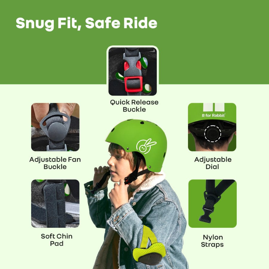 Safe Play Protective Gear Set for Kids - Helmet, Knee, Elbow & Wrist Pads (Age 3-7 Years) - Green Sports