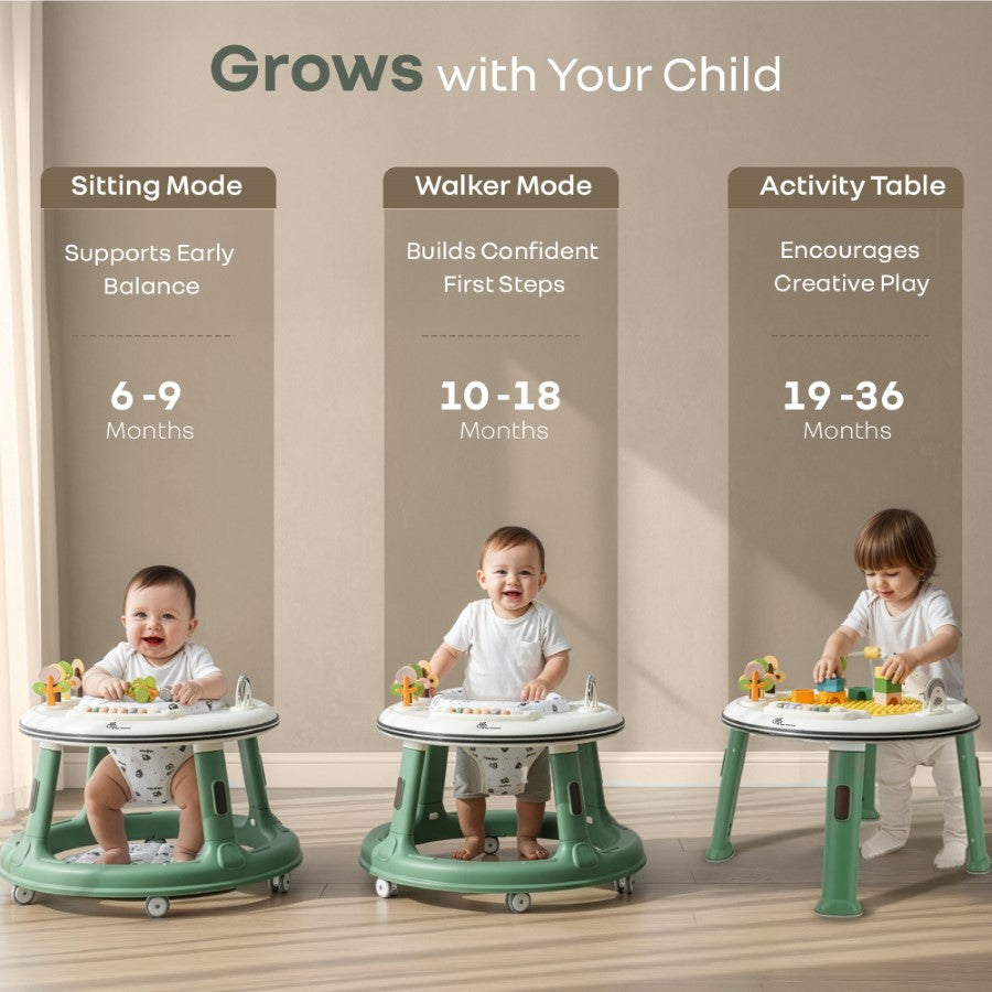 Little Feet Hopper 2-in-1 Baby Walker Cum Activity Table - Green White