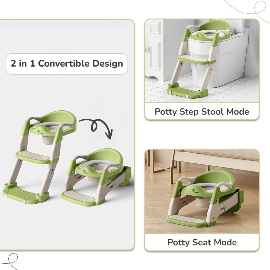 Hilltop Trainer 2-In-1 Step Stool And Potty Seat For Kids With Adjustable Height - Green White