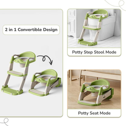 Hilltop Trainer 2-In-1 Step Stool And Potty Seat For Kids With Adjustable Height - Green White