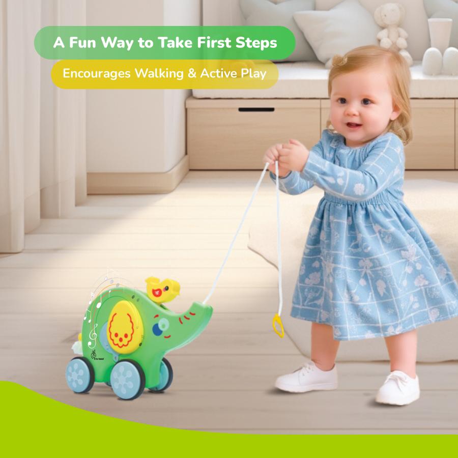 Orapple Trunky Fun & Safe Musical Pull-Along Toy for Toddlers - Green Yellow